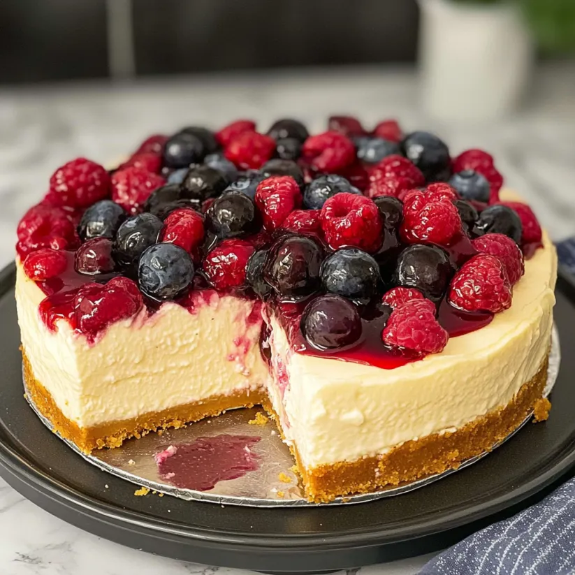 A slice of no bake cheesecake with blueberries and raspberries.