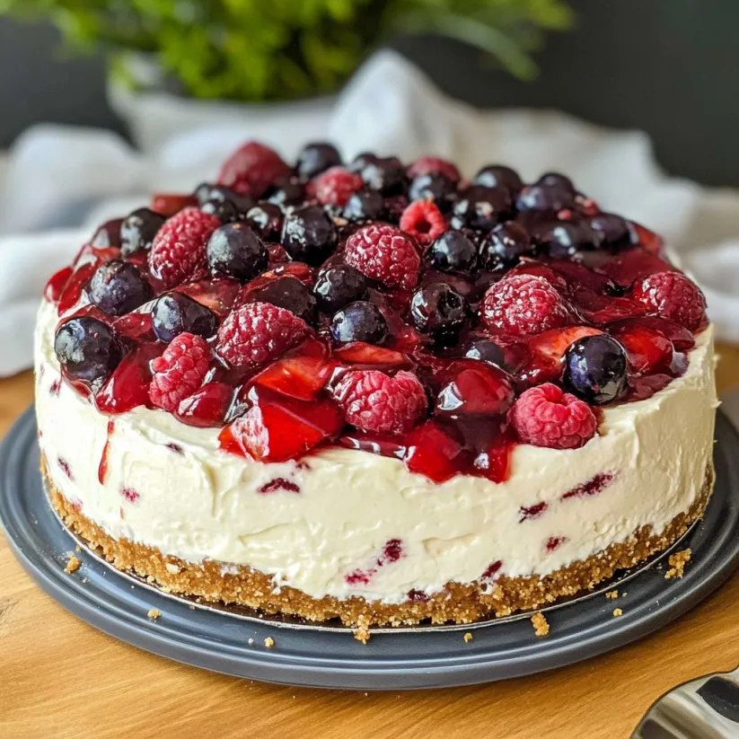 A slice of no bake cheesecake with berries on top.