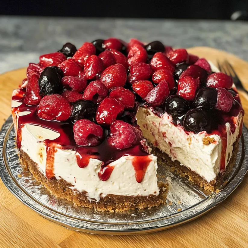 A slice of no bake cheesecake with strawberries.