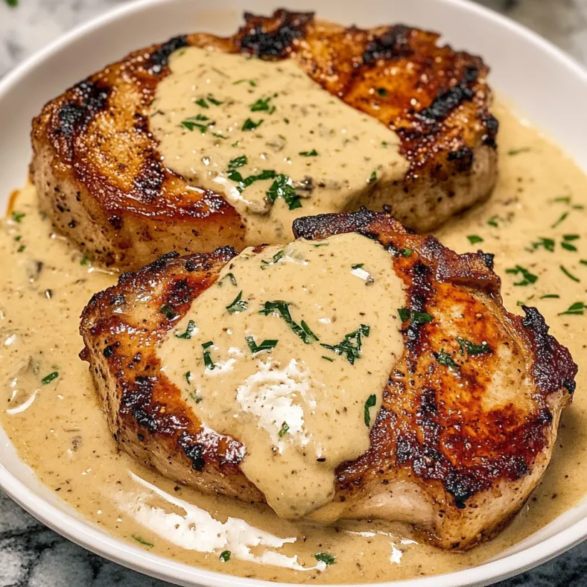 Two pieces of pork chops covered in creamy ranch sauce.