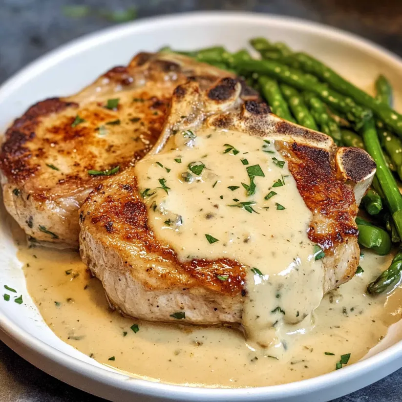 A plate of pork chops covered in creamy ranch sauce.