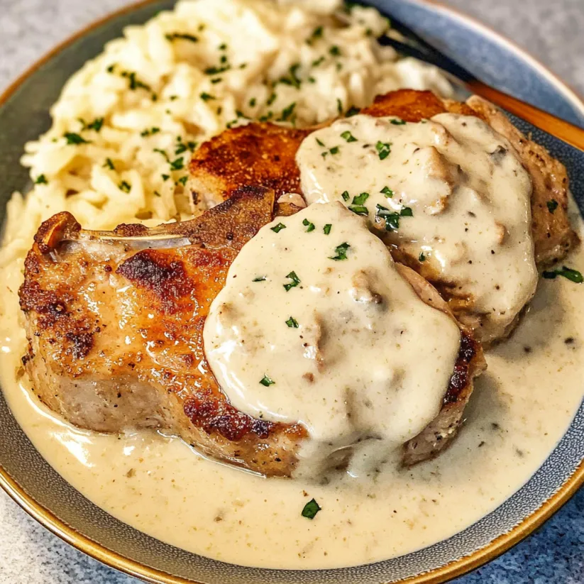 A plate of pork chops covered in creamy sauce.