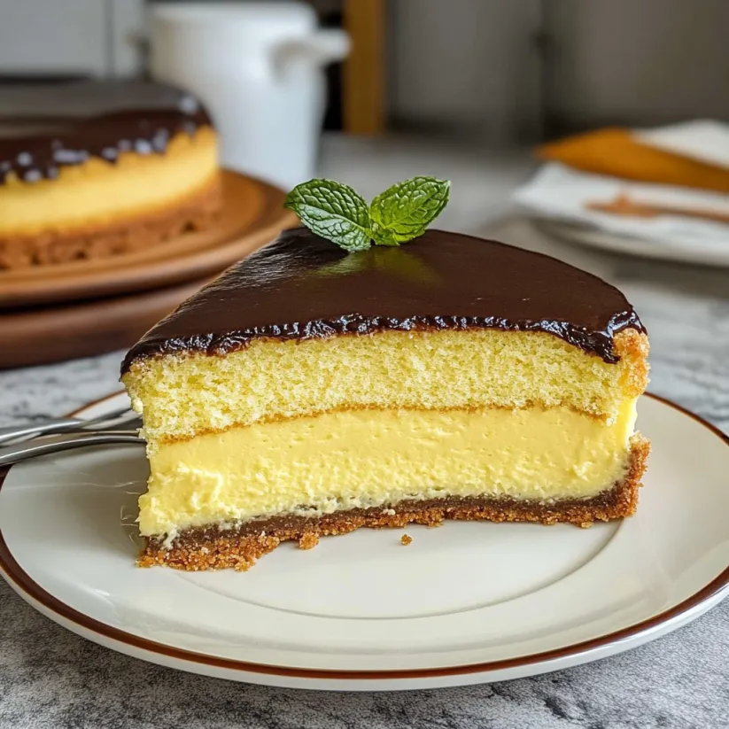 A slice of Boston Cream Pie on a plate.