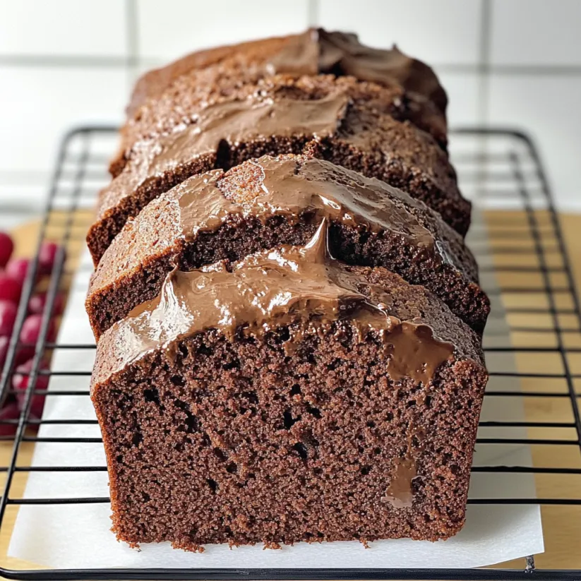 A chocolate pound cake on a cooling rack.
