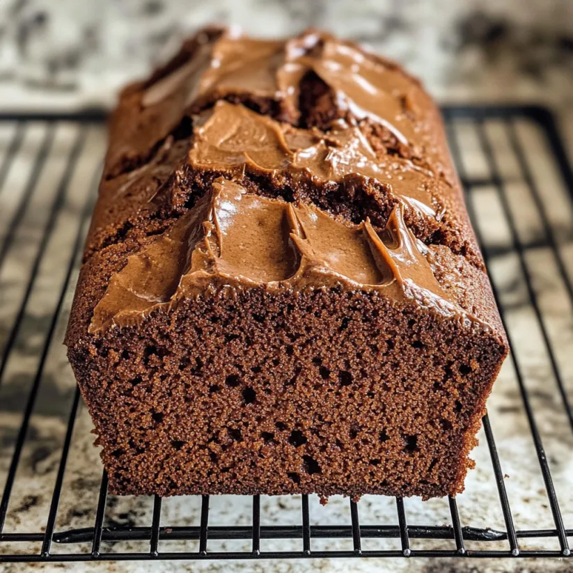 A slice of chocolate pound cake on a cooling rack.