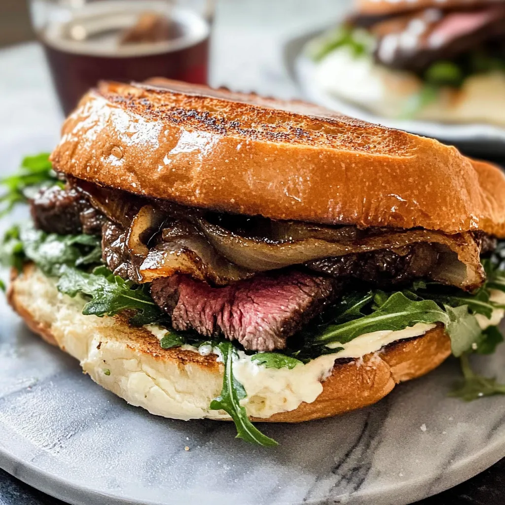 A steak sandwich with onions and mushrooms.