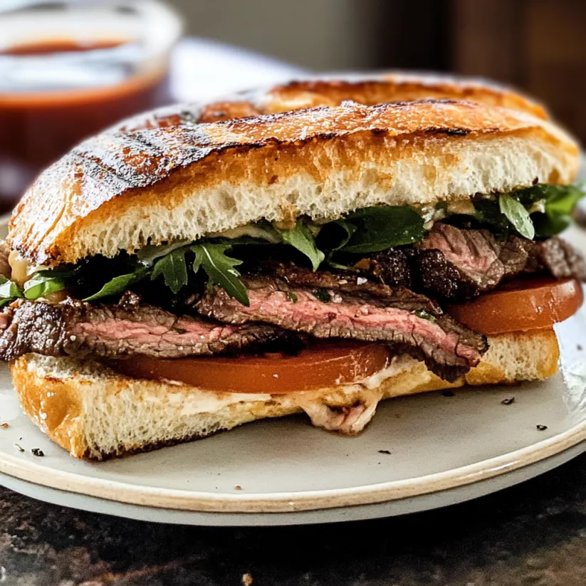 A steak sandwich with tomatoes and lettuce.