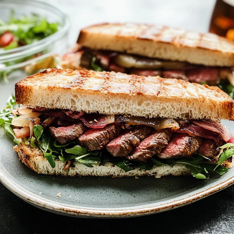 A steak sandwich with lettuce and onions.