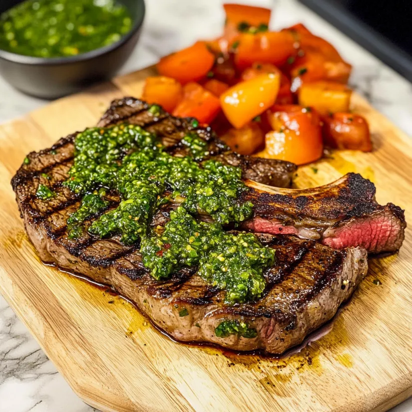 A grilled ribeye steak with chimichurri.