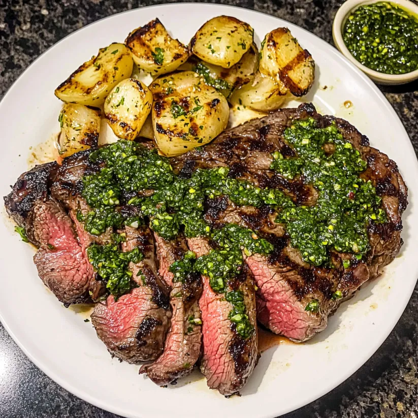 A grilled ribeye steak with chimichurri.