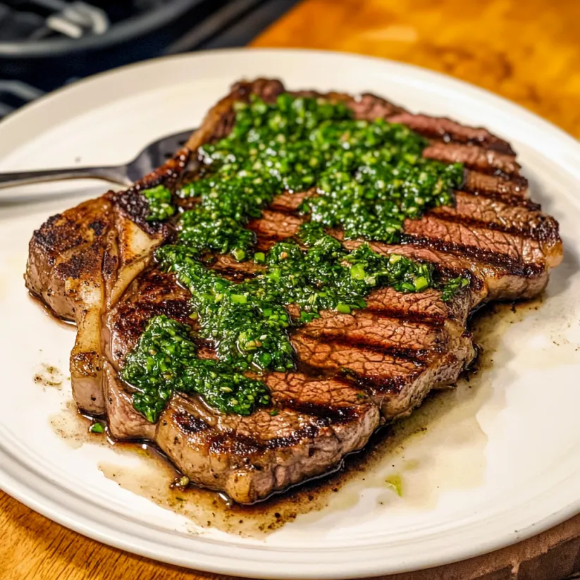 A grilled ribeye steak with chimichurri sauce.