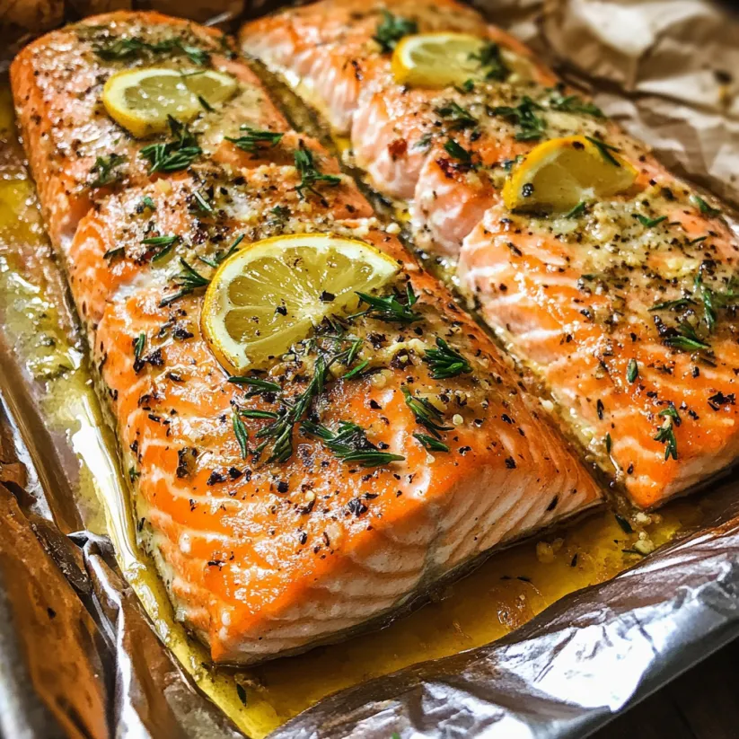 Baked salmon with lemon and herbs.