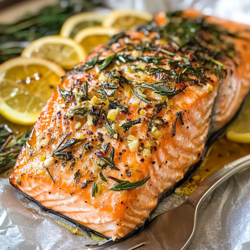 A piece of baked salmon with lemon slices on top.