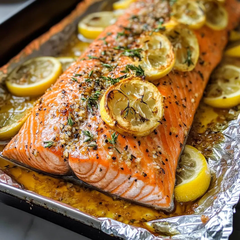 A baked salmon with lemon slices on top.