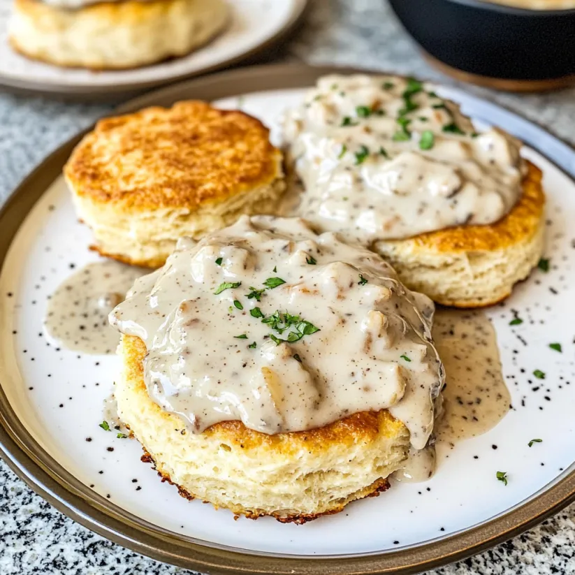 Two biscuits with gravy on a plate.