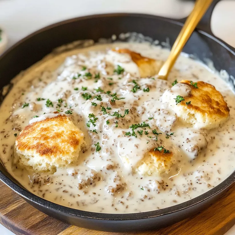 A pan of biscuits and gravy.