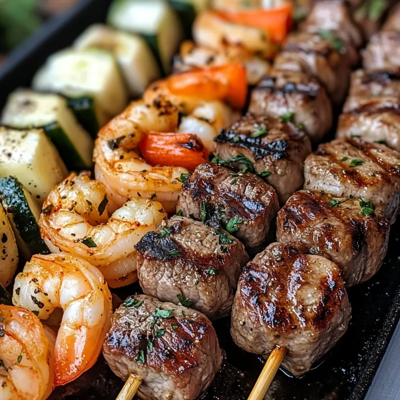 Grilled steak and shrimp kabobs.