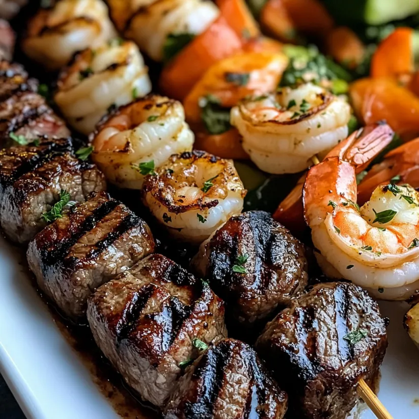 Grilled steak and shrimp kabobs on a plate.