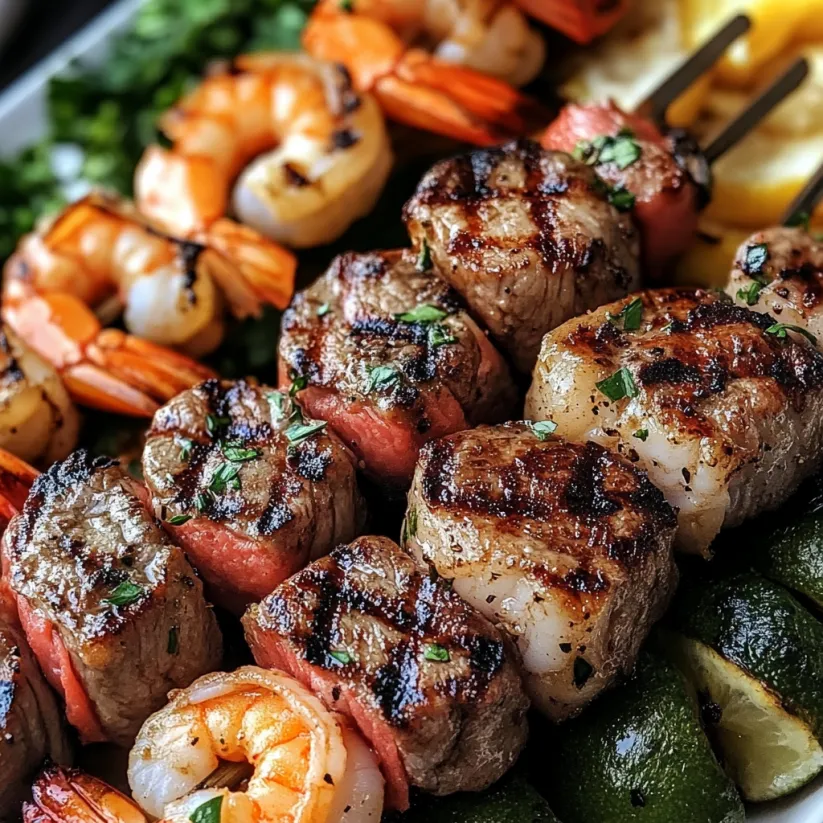 Grilled steak and shrimp kabobs.