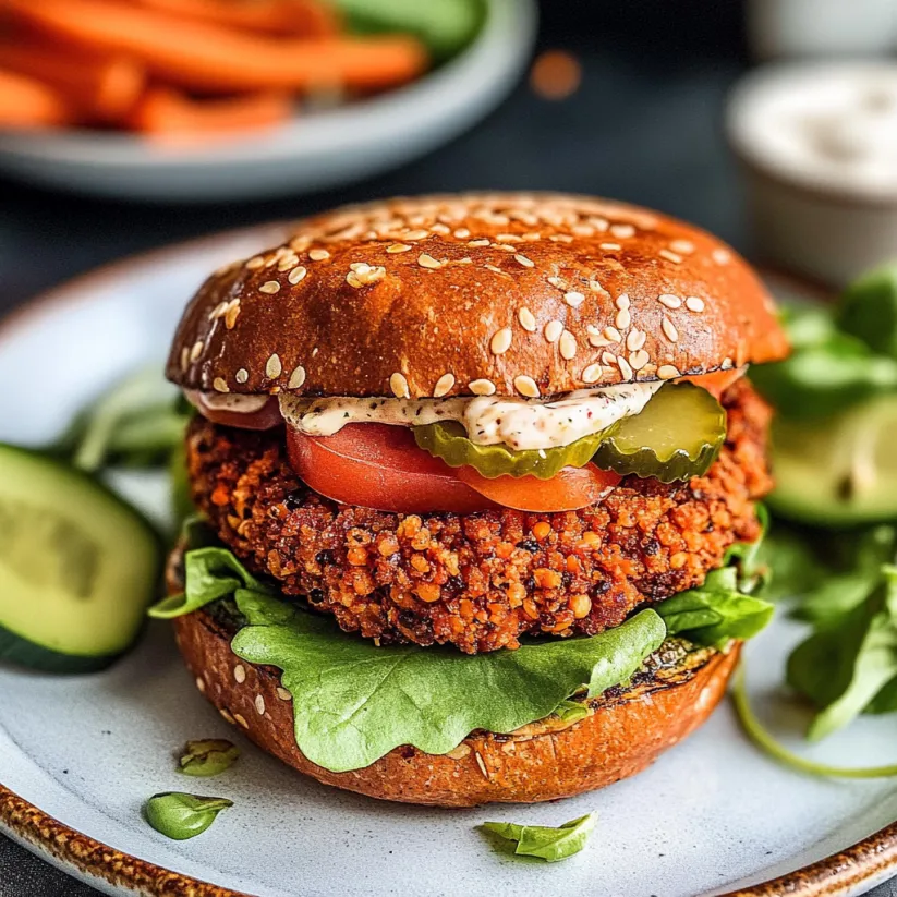 A vegan burger with tomato, pickles, and lettuce.