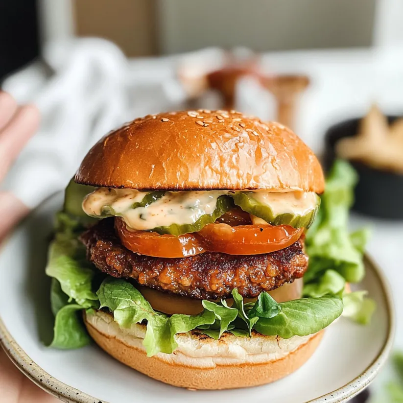 A vegan burger with lettuce, tomato, and mayonnaise.