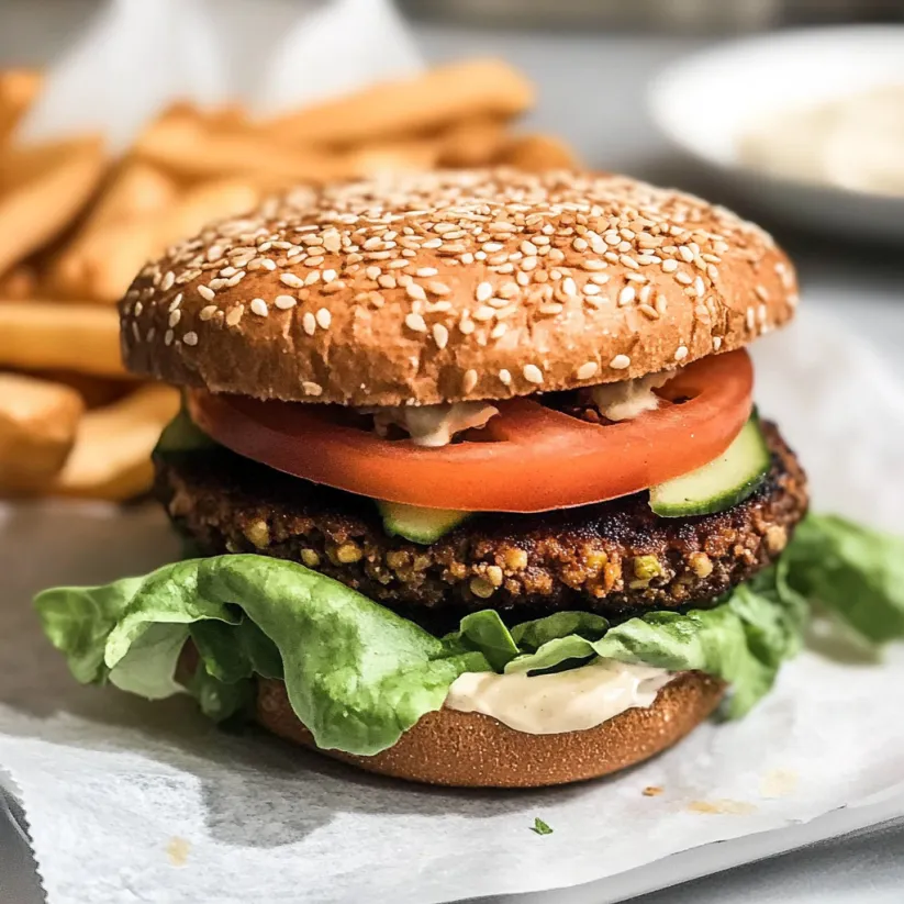 A vegan burger with lettuce, tomato, and cucumber.