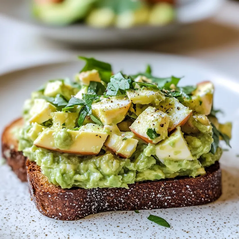 A slice of bread with avocado and egg salad on it.