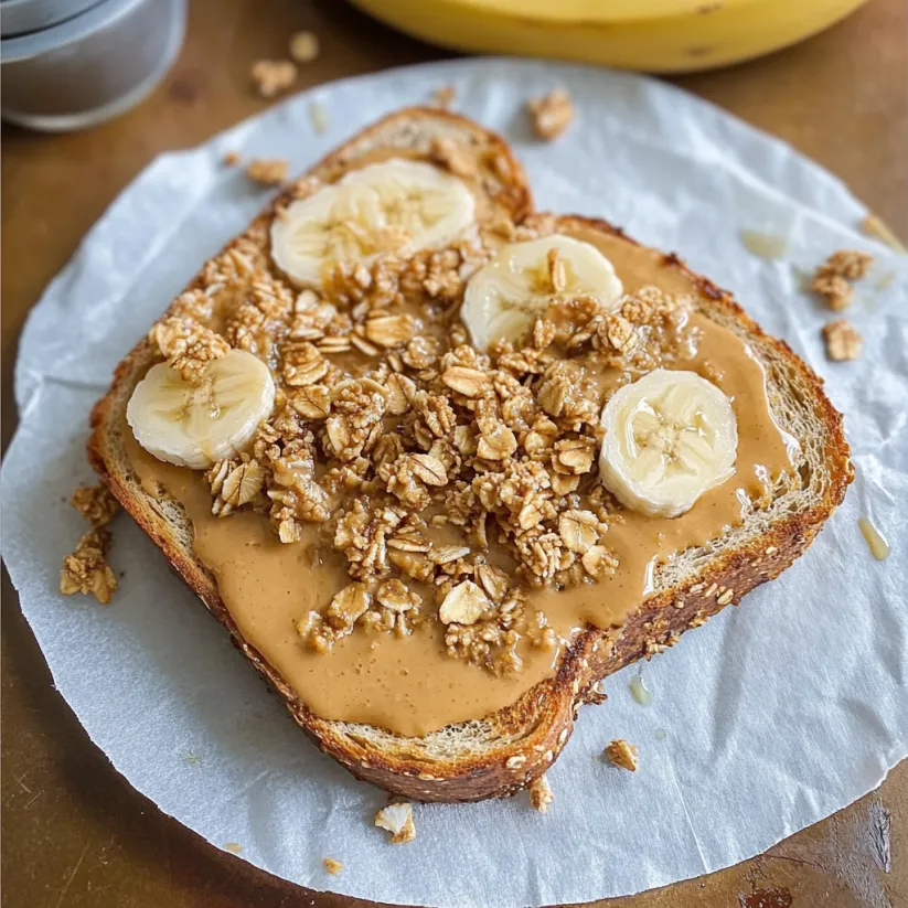 A slice of toast with peanut butter, bananas, and granola.