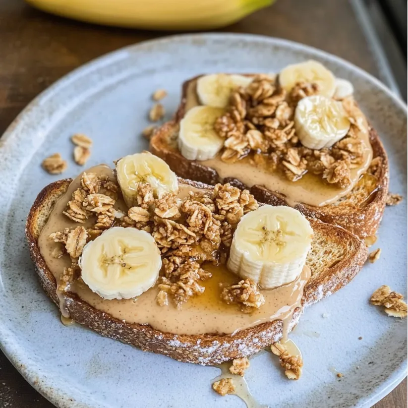 A peanut butter and banana toast with granola and honey.
