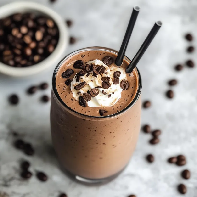 A glass of creamy protein mocha smoothie.