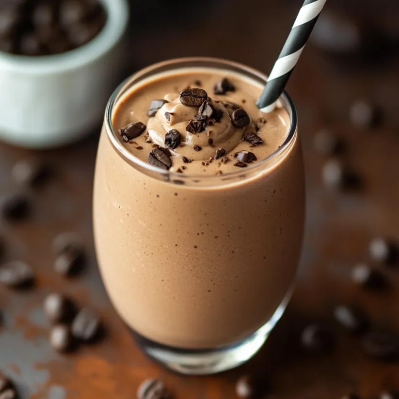 A glass of a creamy protein mocha smoothie.