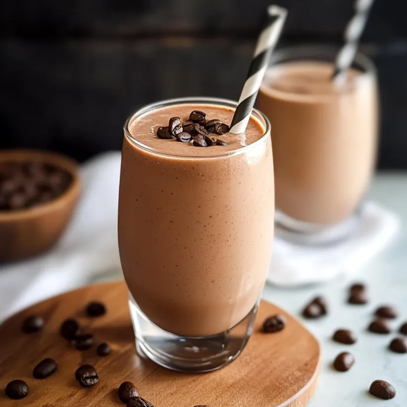 A glass of creamy protein mocha smoothie.