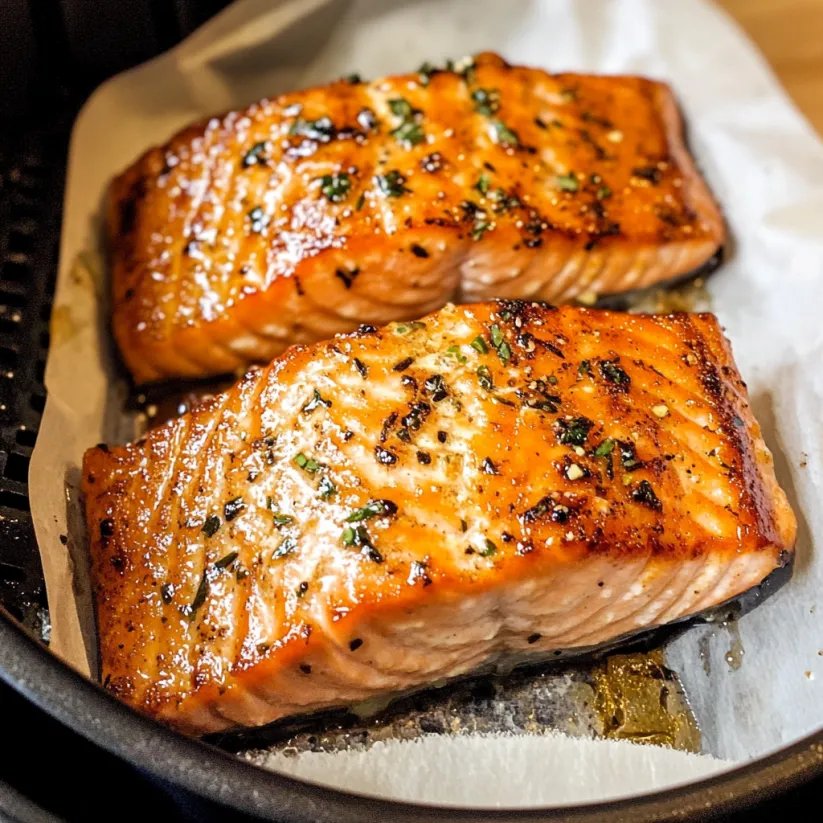 Two pieces of salmon in an air fryer.