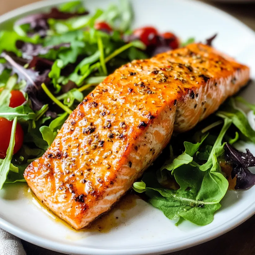 A plate of salmon with a side of salad.