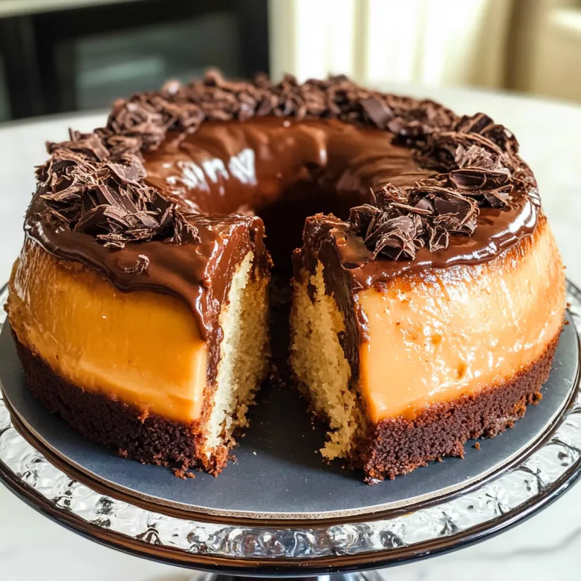 A slice of chocolate flan cake.