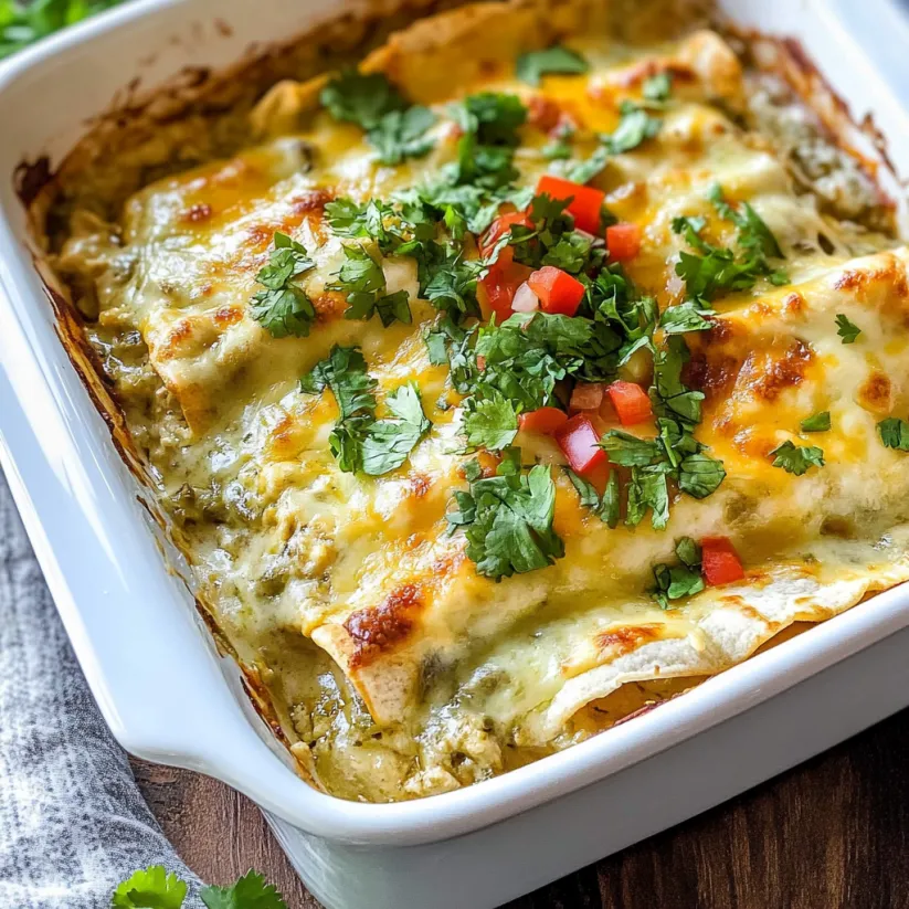 A white bowl filled with a green chile chicken enchilada casserole.