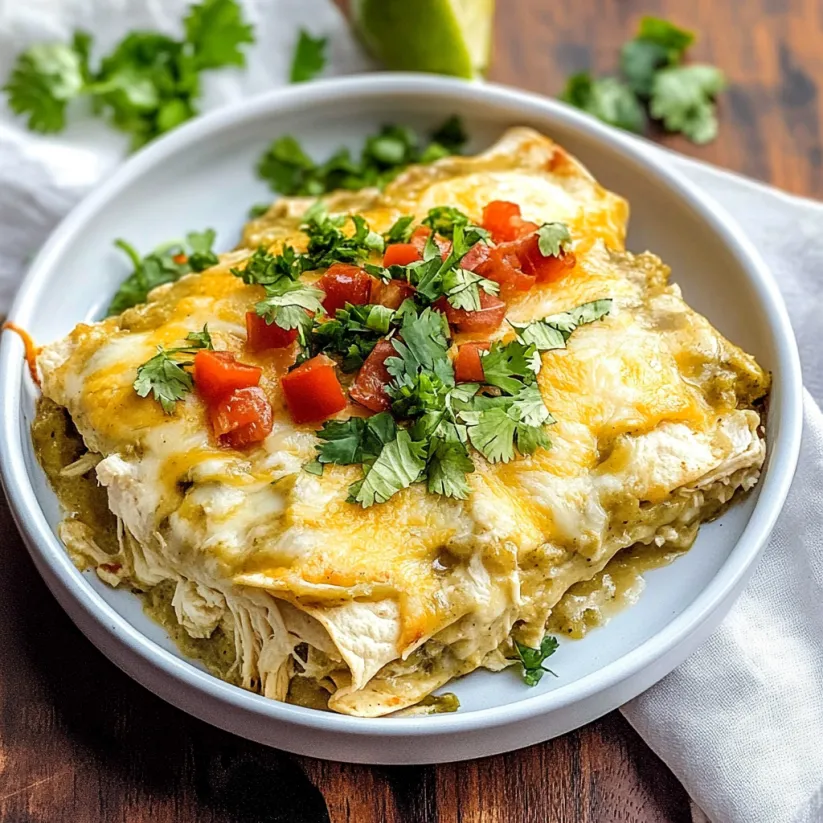 A white bowl filled with a green chile chicken enchilada casserole.