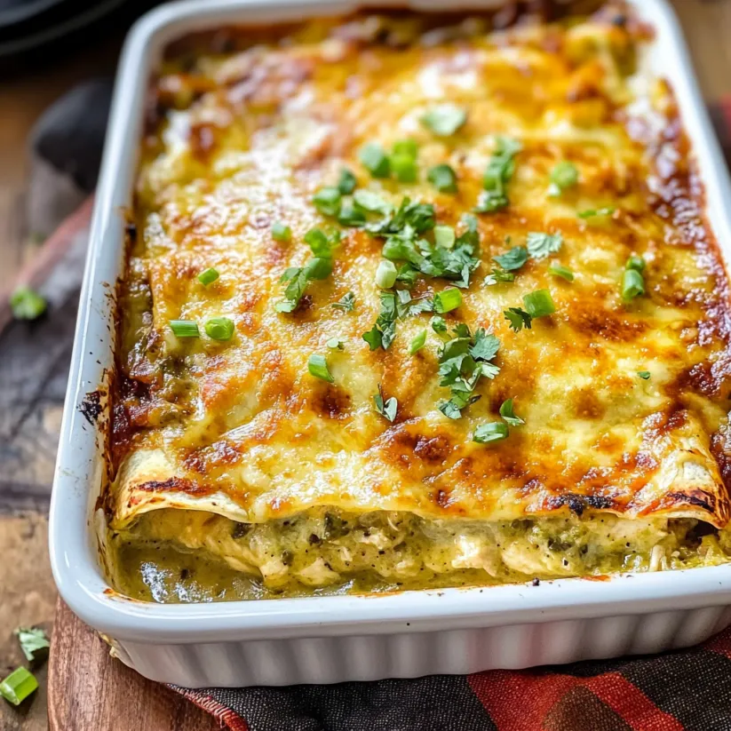 A white dish with a green chile chicken enchilada casserole.