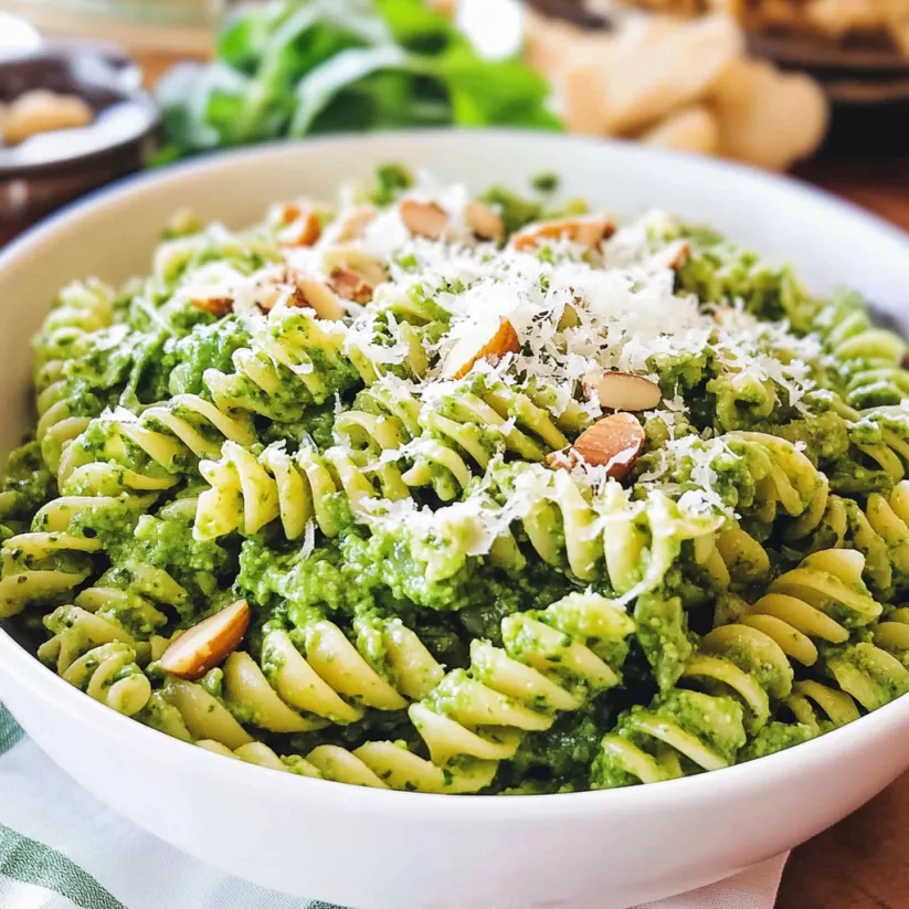 A bowl of pasta with walnuts and arugula.