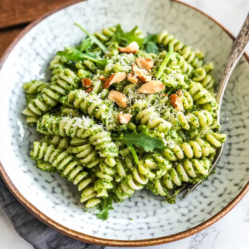 A bowl of pasta with walnuts and arugula.