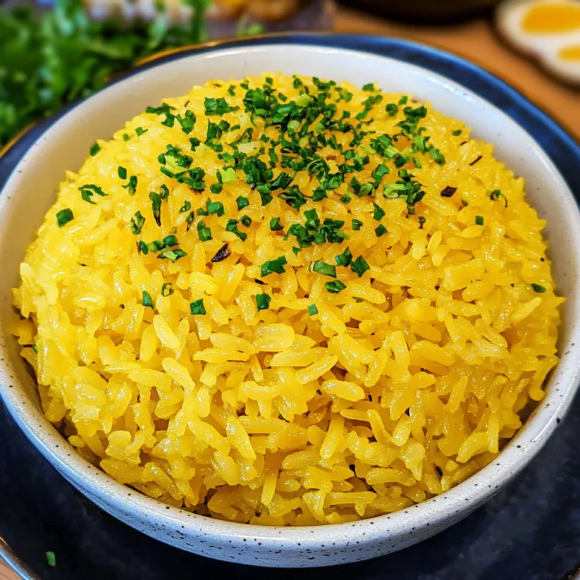 A bowl of yellow rice with green herbs on top.