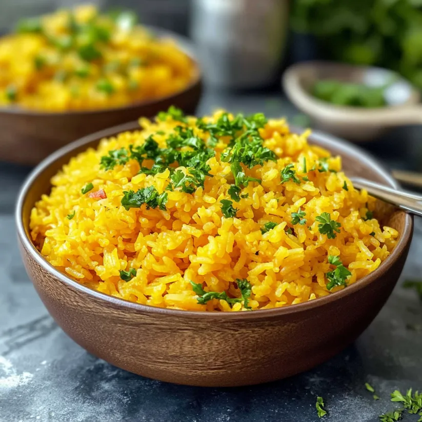 A bowl of yellow rice with green herbs on top.