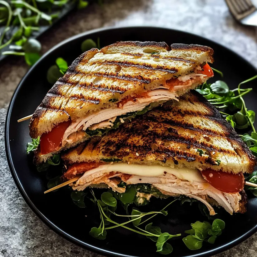 A sandwich with turkey and cheese on a black plate.
