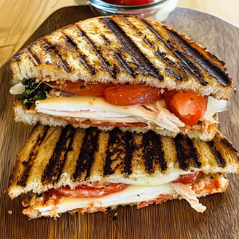 A Turkey Panini sandwich with tomatoes and cheese.