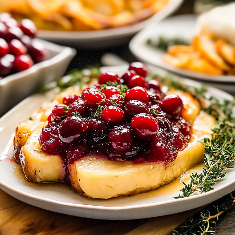 A plate of food with a cranberry sauce on top.
