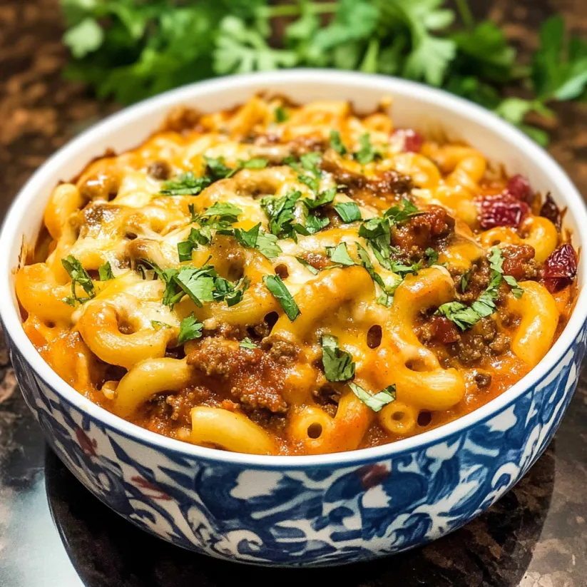 A bowl of chili mac and cheese.