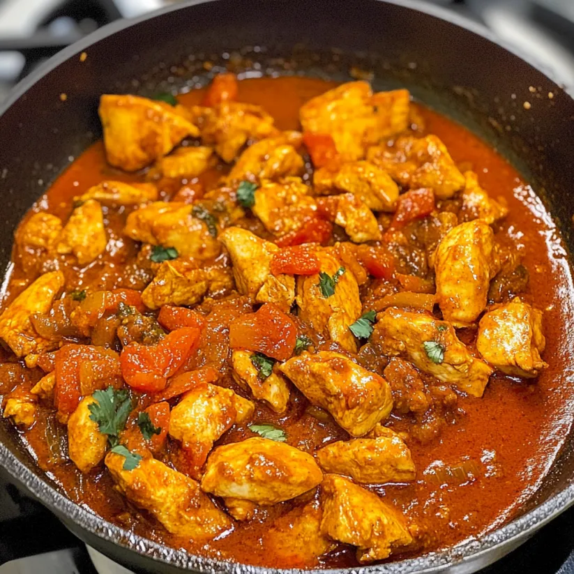 A pan of chicken with tomatoes and spices.
