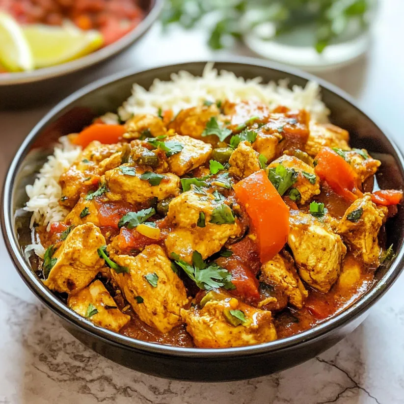 A bowl of chicken with rice and vegetables.
