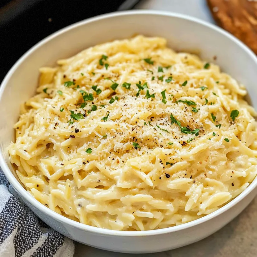A bowl of pasta with cheese and garlic.