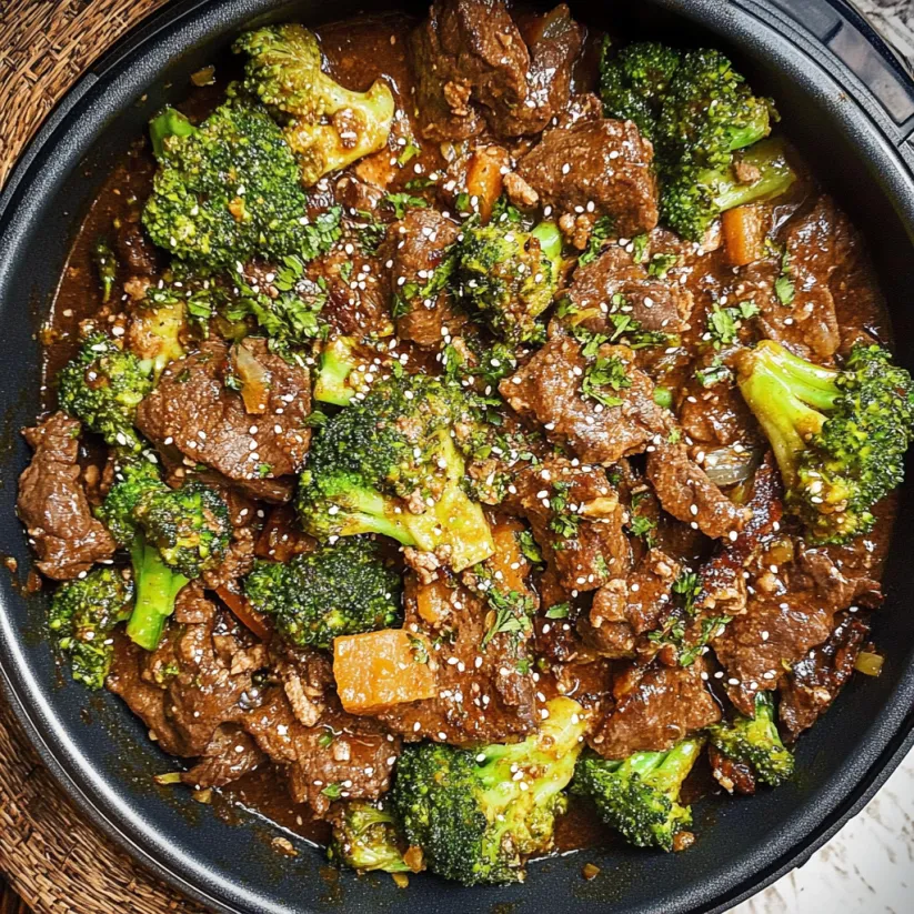 A close up of a dish with beef and broccoli.